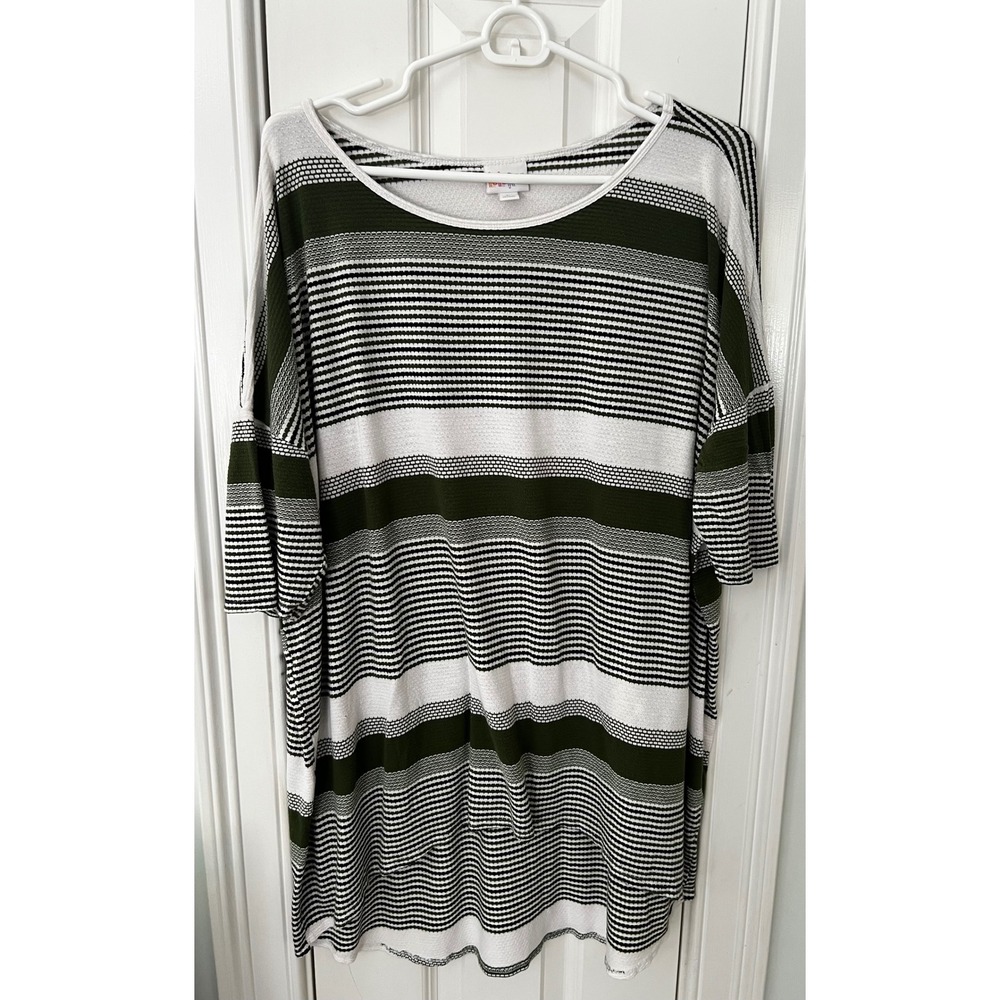 LuLaRoe Irma Tunic Top Womens Large Olive Green White Striped HighLow Knit Shirt